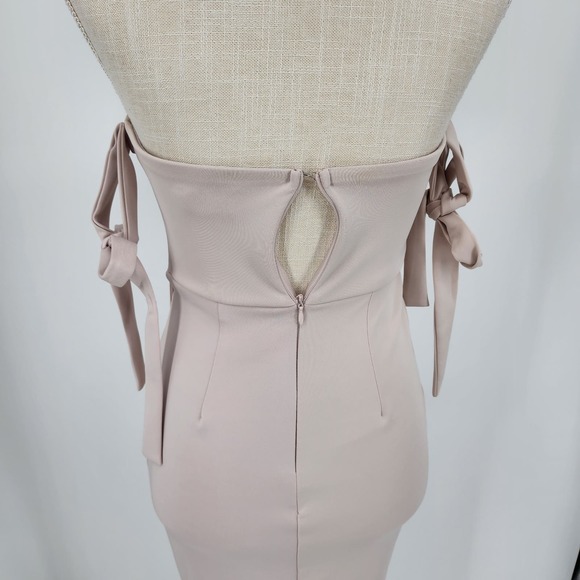 Showpo Common Muse Maxi Dress 0 Tulip Slit Strapless Ties Formal Stone Beige - Picture 12 of 15